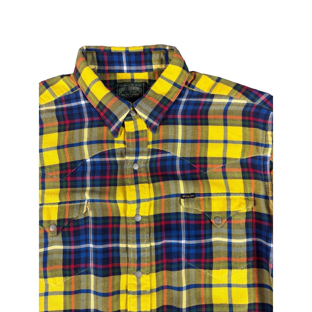 Polo Country Ralph Lauren Western Rodeo Shirt Mens 2XL Yellow Plaid Snap Front